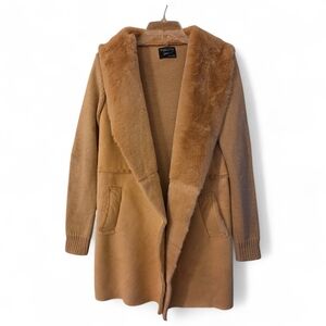 Twelfth Love Faux Fur Collar Faux Suede Camel Sweater Coat Y2K 90's Size Small